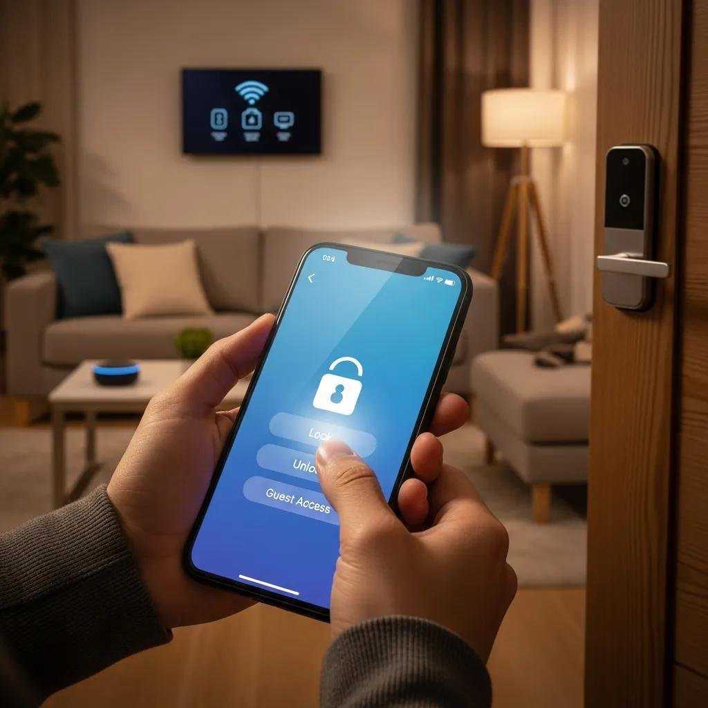 Person managing smart home devices through a smartphone, highlighting effective security practices