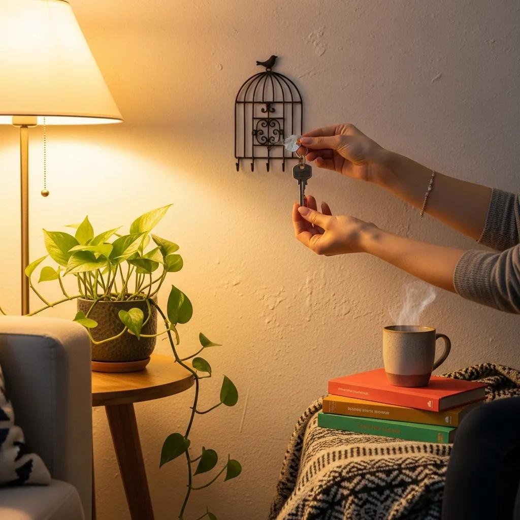 Person placing a spare key in a decorative holder to prevent home lockouts