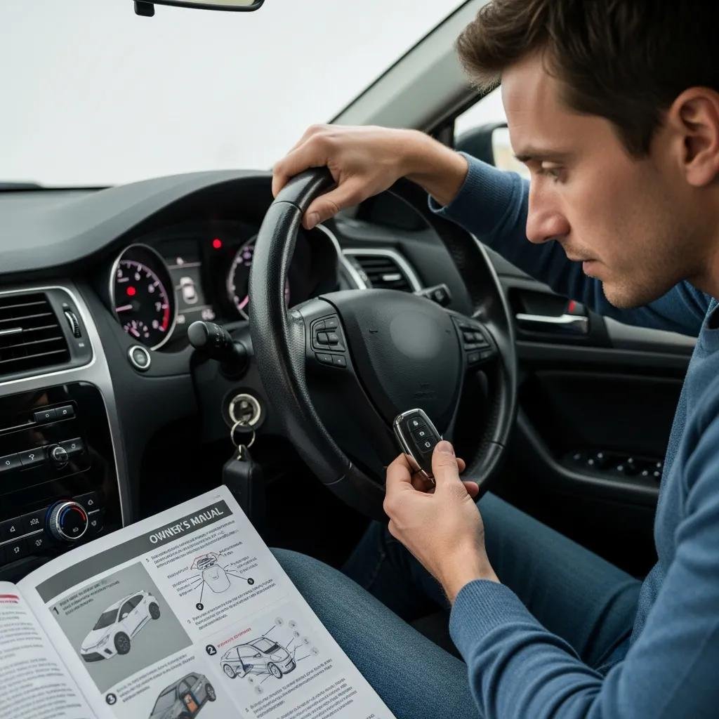Person programming a car key fob in a vehicle, with an owner's manual visible