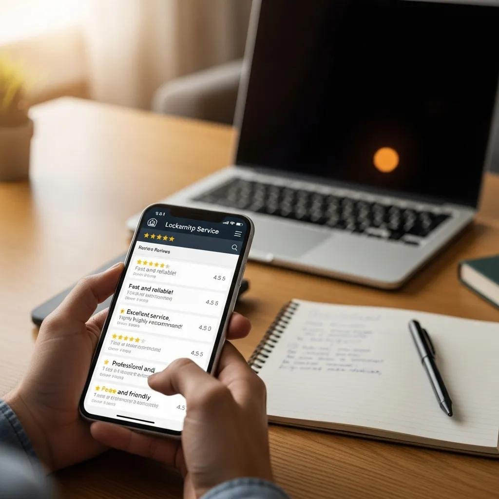 Person reading locksmith reviews on a smartphone, illustrating the importance of customer feedback