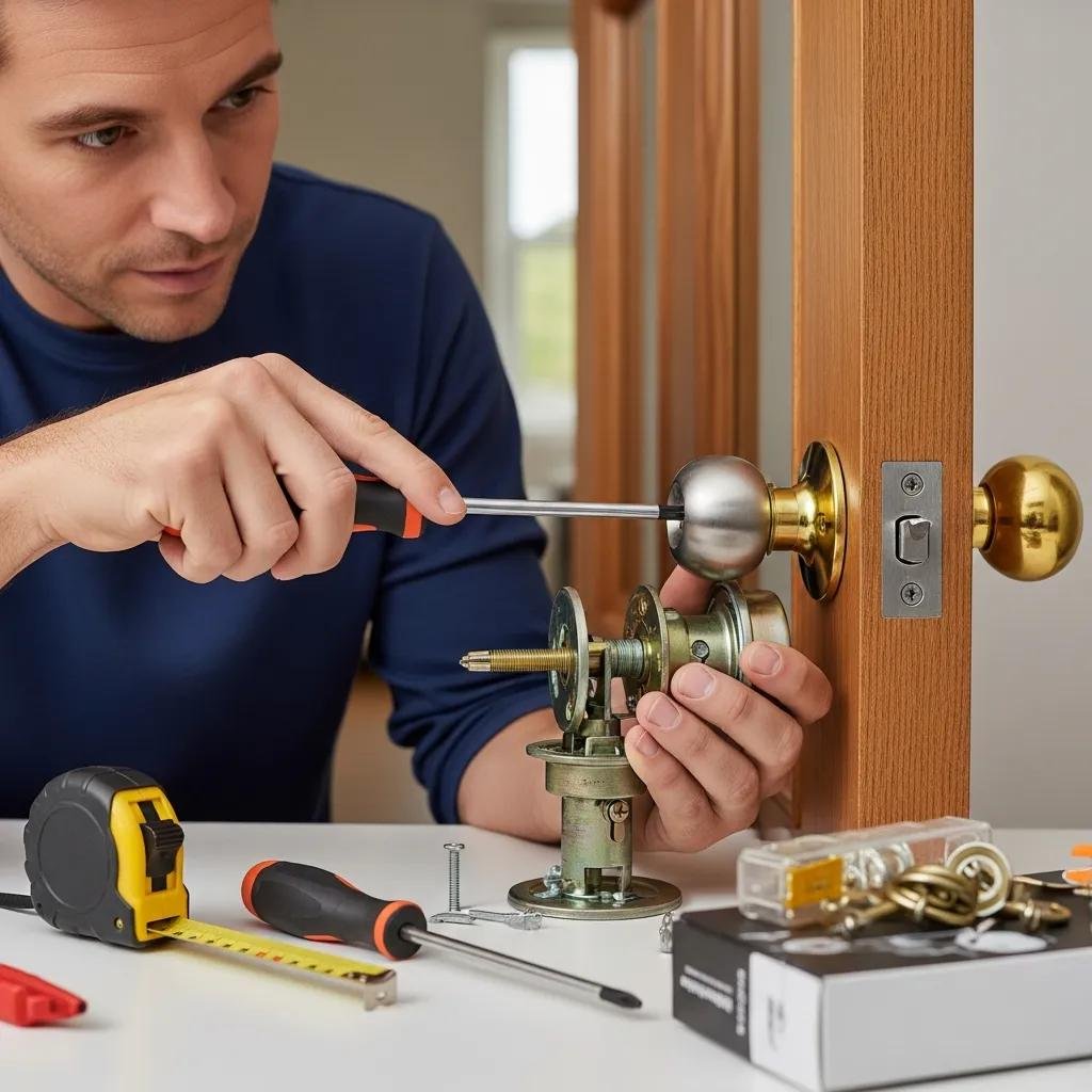 Person replacing a door knob with tools, emphasizing DIY home improvement