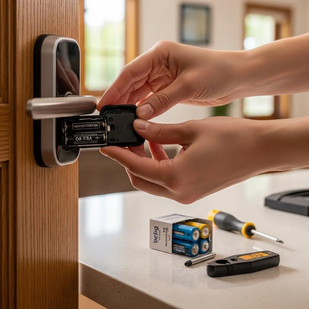 Person replacing battery in a smart lock, illustrating common maintenance issues