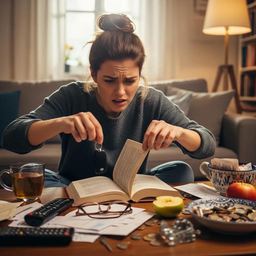 Person searching for lost car keys on a cluttered table, conveying stress and urgency