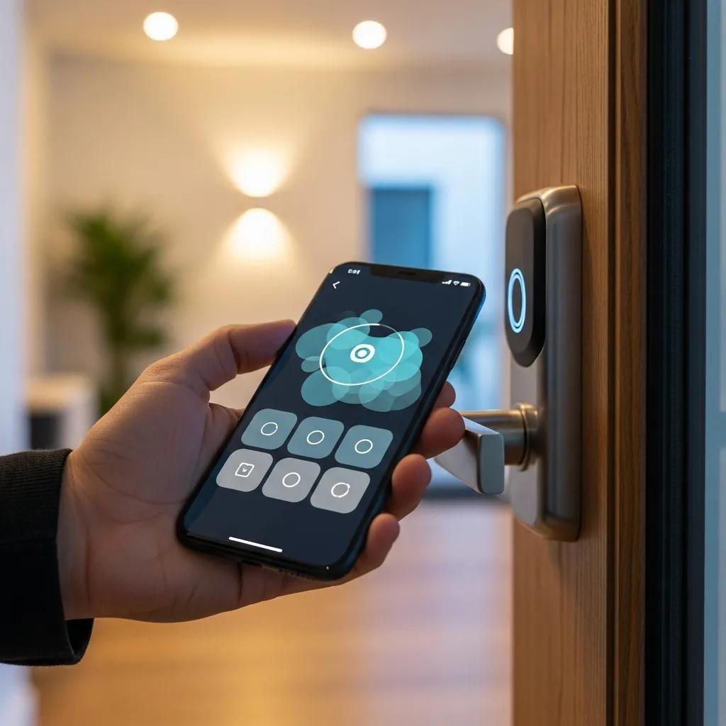 Person using smartphone to unlock a smart padlock, illustrating modern security technology and convenience in access management.