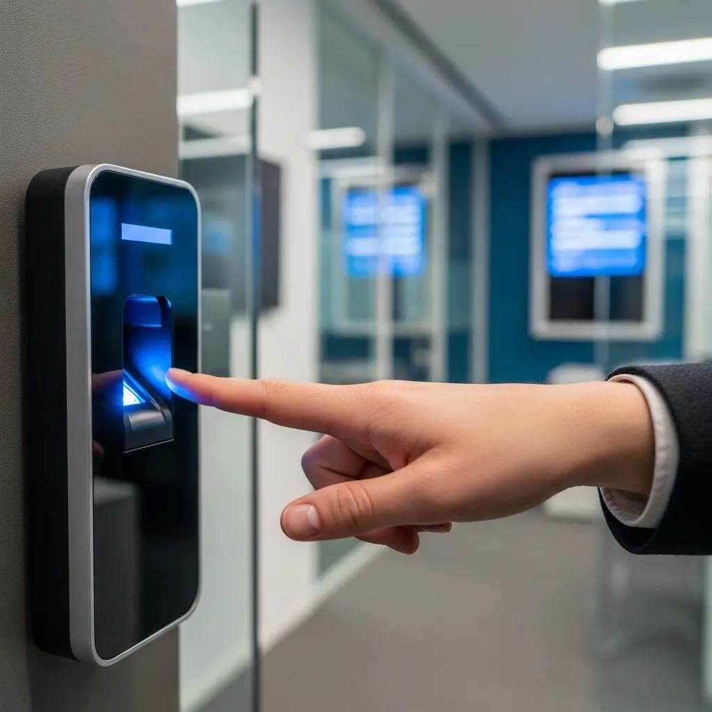 Person using a biometric scanner for secure access in an office