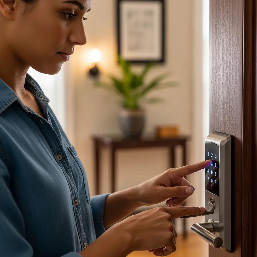 Person using a keypad door lock, illustrating the convenience of keyless entry systems