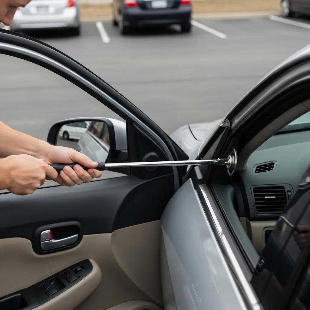 Person using a long reach tool to unlock a car door in a parking lot