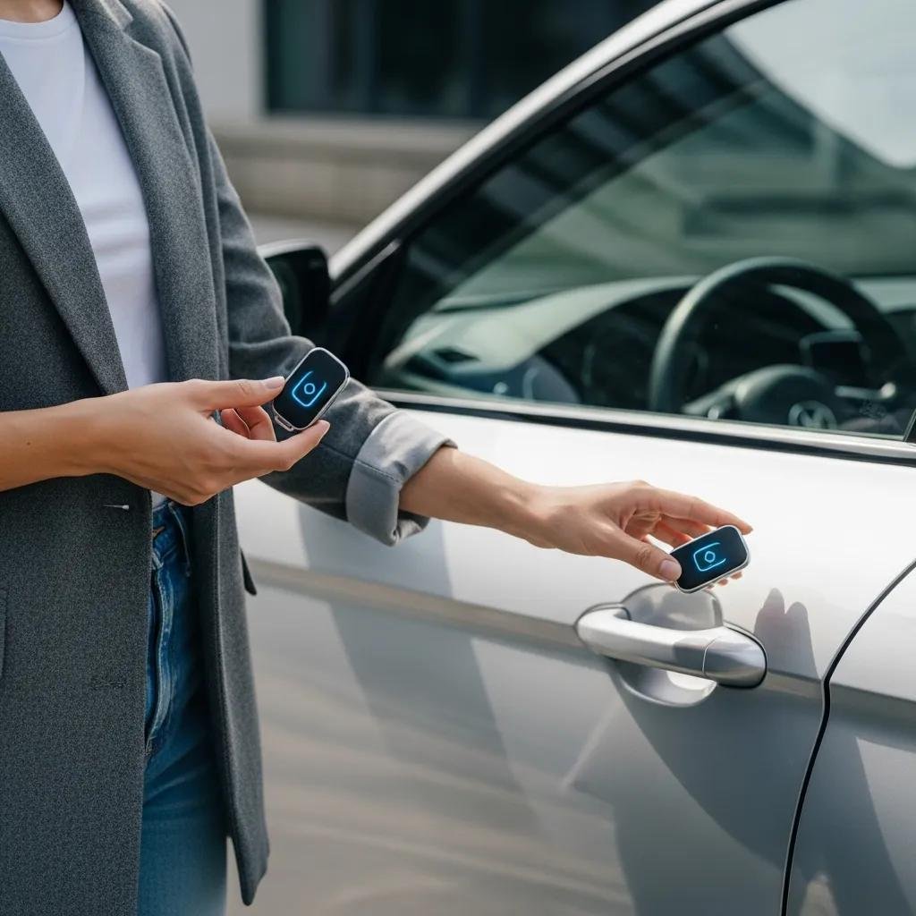 Person using a smart key to unlock a modern car, demonstrating keyless entry technology in a lifestyle context