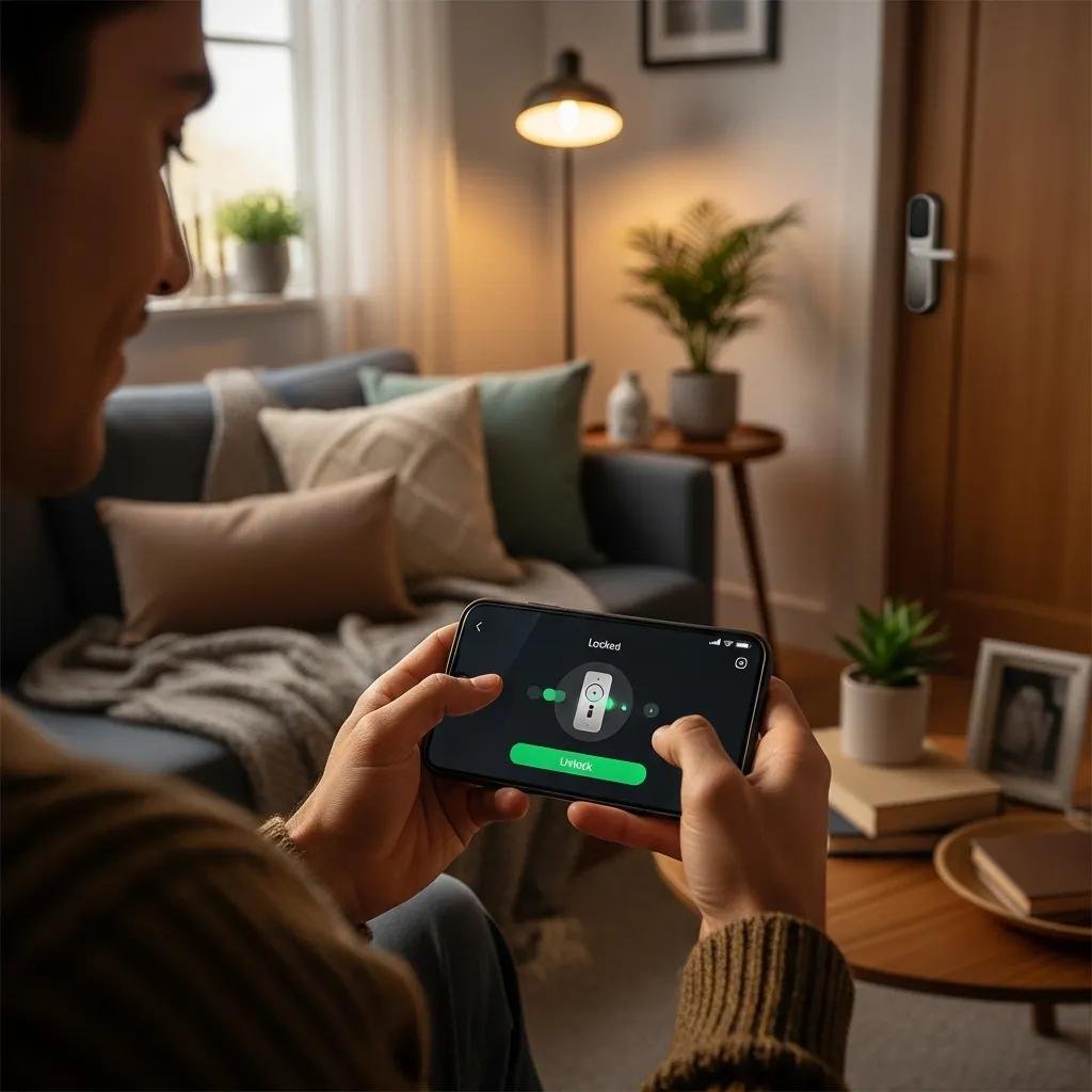 Person using a smartphone to control a smart lock, showcasing convenience and smart home integration
