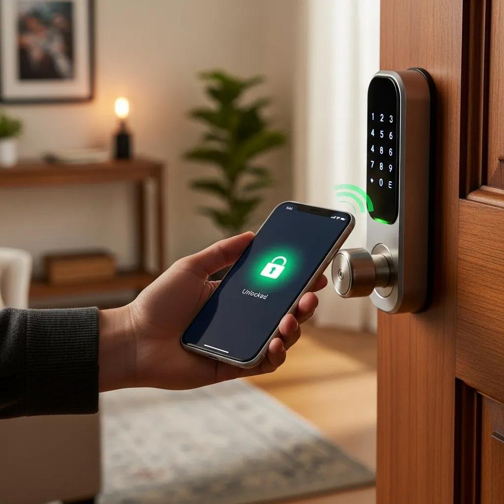 Person using a smartphone to unlock a smart lock, demonstrating convenience and modern security features