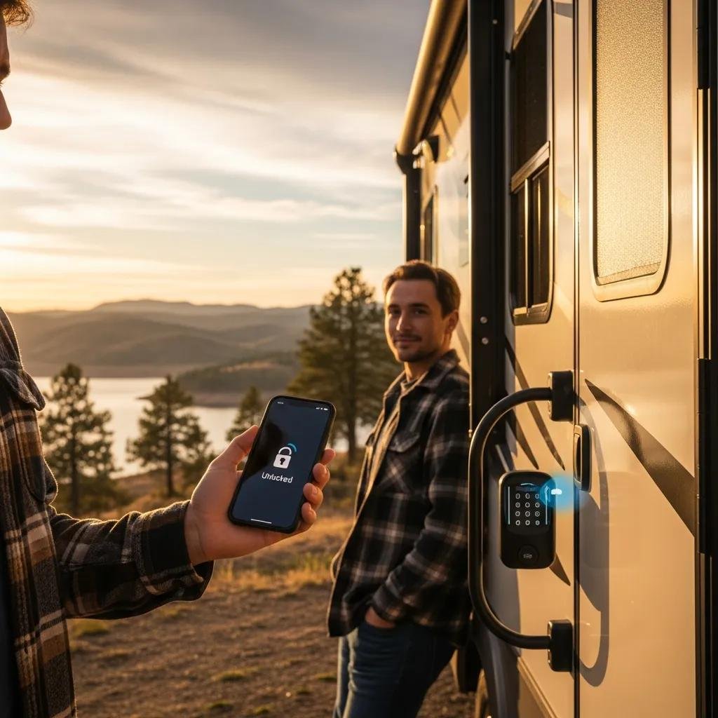 Upgrading RV Locks for Enhanced Security Person using a smartphone to unlock an RV with a keyless entry system in a scenic location
