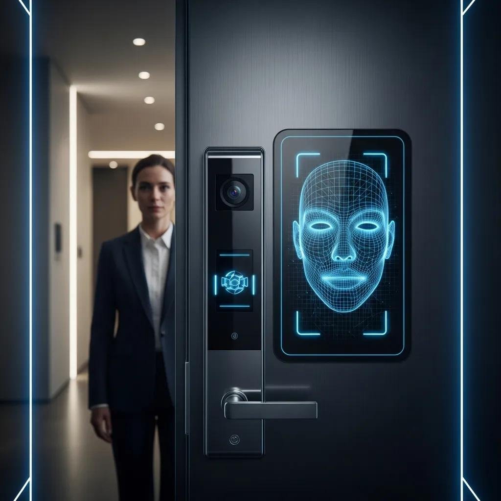 Person using facial recognition technology at a biometric door lock, highlighting modern security features
