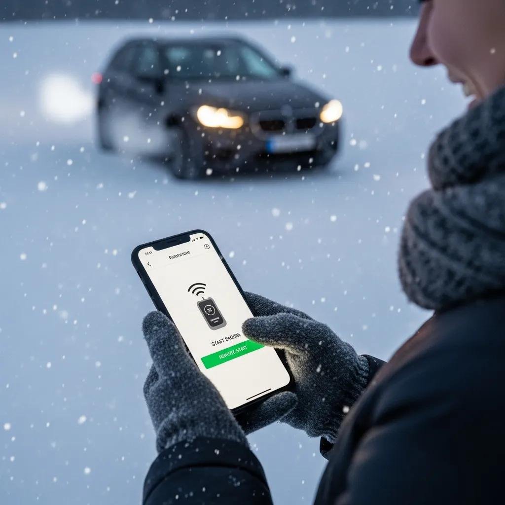 Person using smartphone for remote start feature on a car in winter, showcasing comfort and convenience