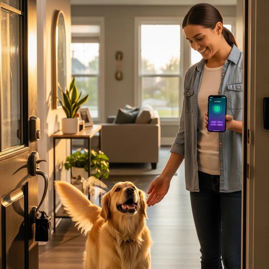 Pet sitter unlocking a door with a smartphone for a waiting dog, illustrating remote access benefits