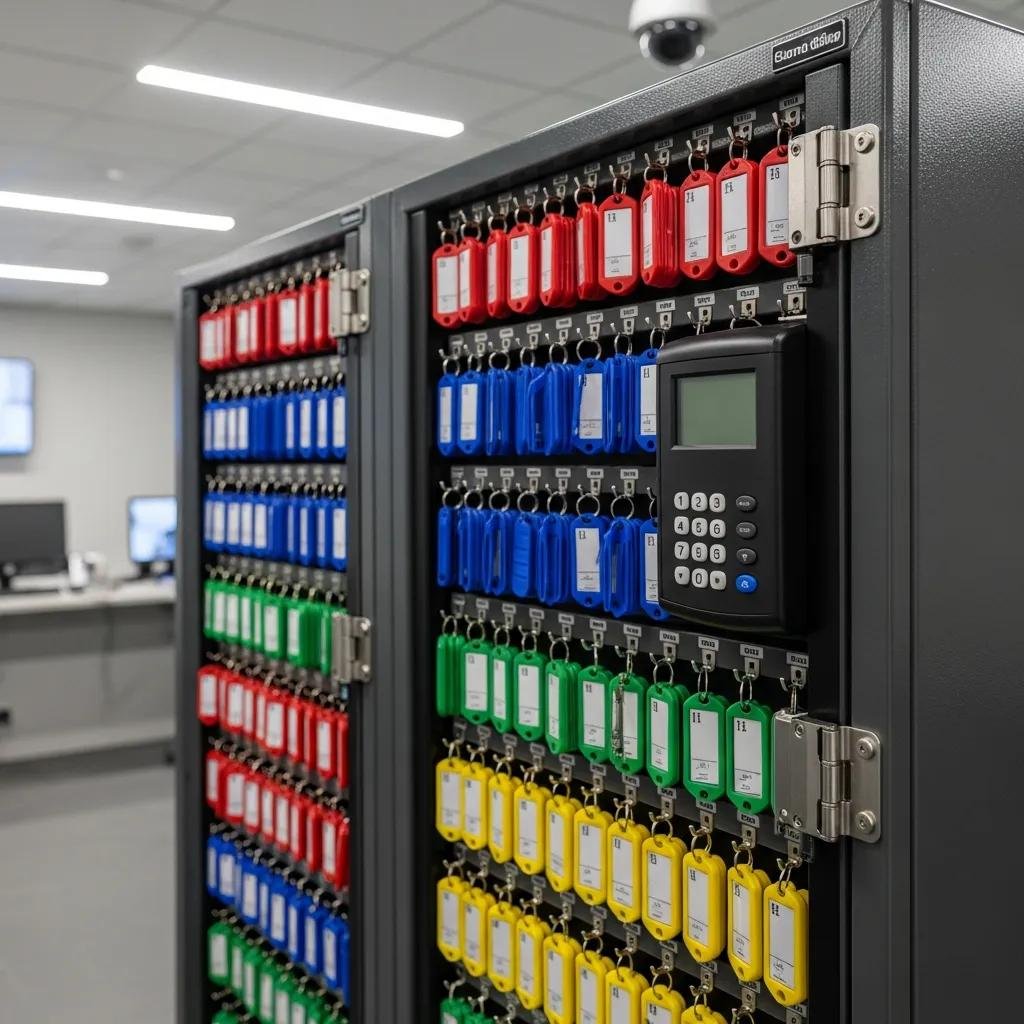 Physical key cabinet with organized key tags demonstrating enhanced security features
