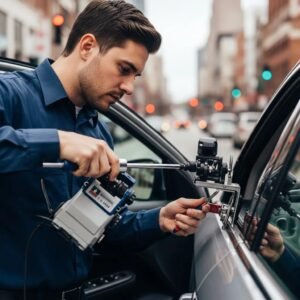 Professional automotive locksmith working on a car door in Charlotte, NC