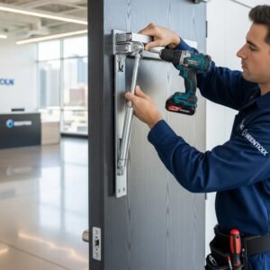 Professional installing a door closer on a commercial door, highlighting security and efficiency