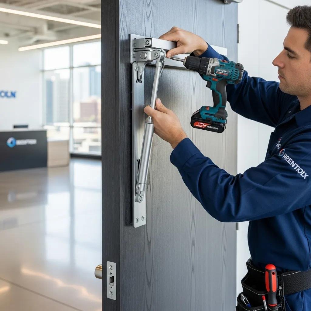 Professional installing a door closer on a commercial door, highlighting security and efficiency