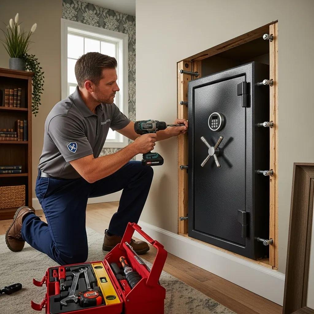 Professional installing a home safe into a wall, demonstrating secure installation techniques