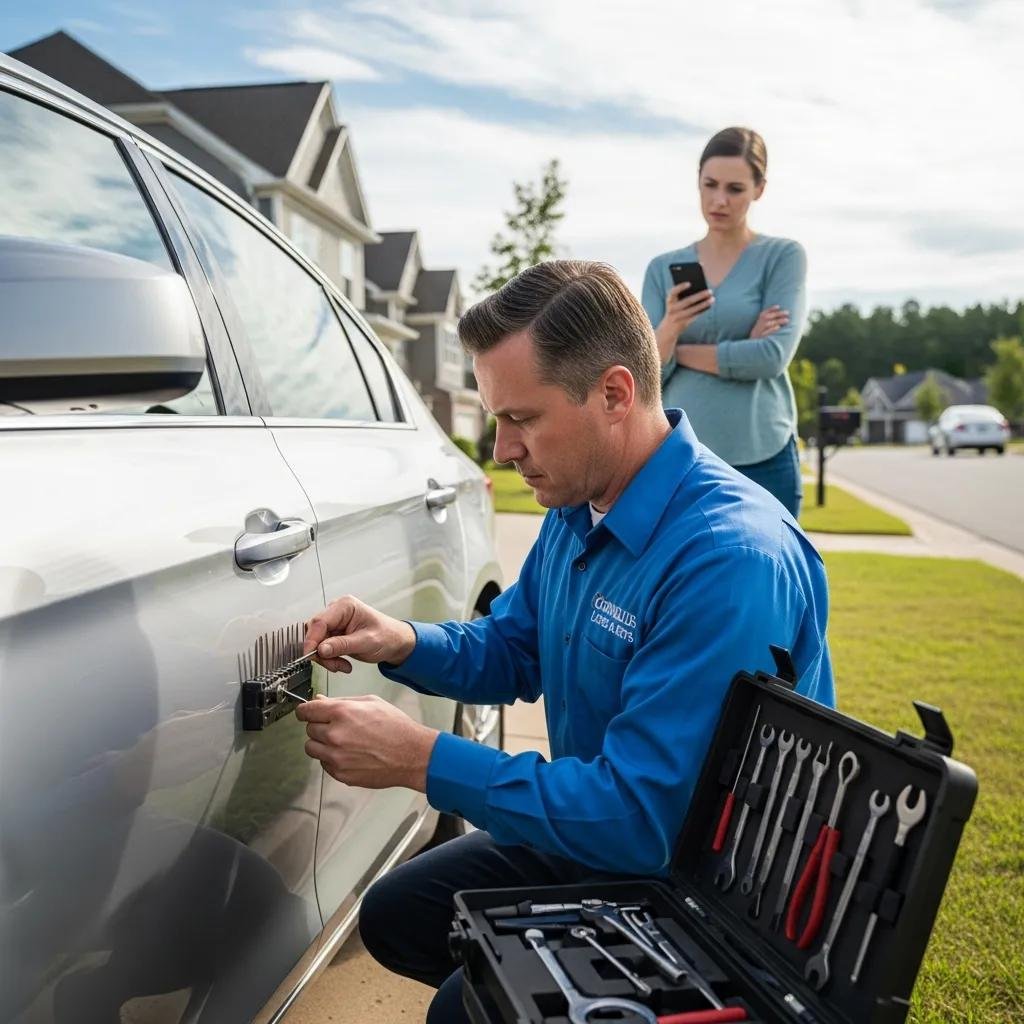 Professional locksmith assisting a customer with a car lockout in Cornelius, NC