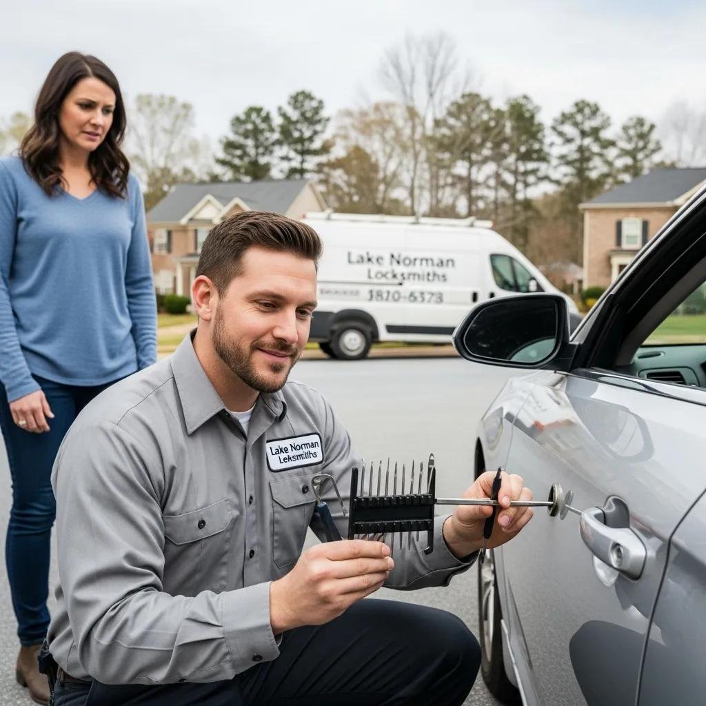 Professional locksmith helping a driver with a car lockout in Lake Norman, NC