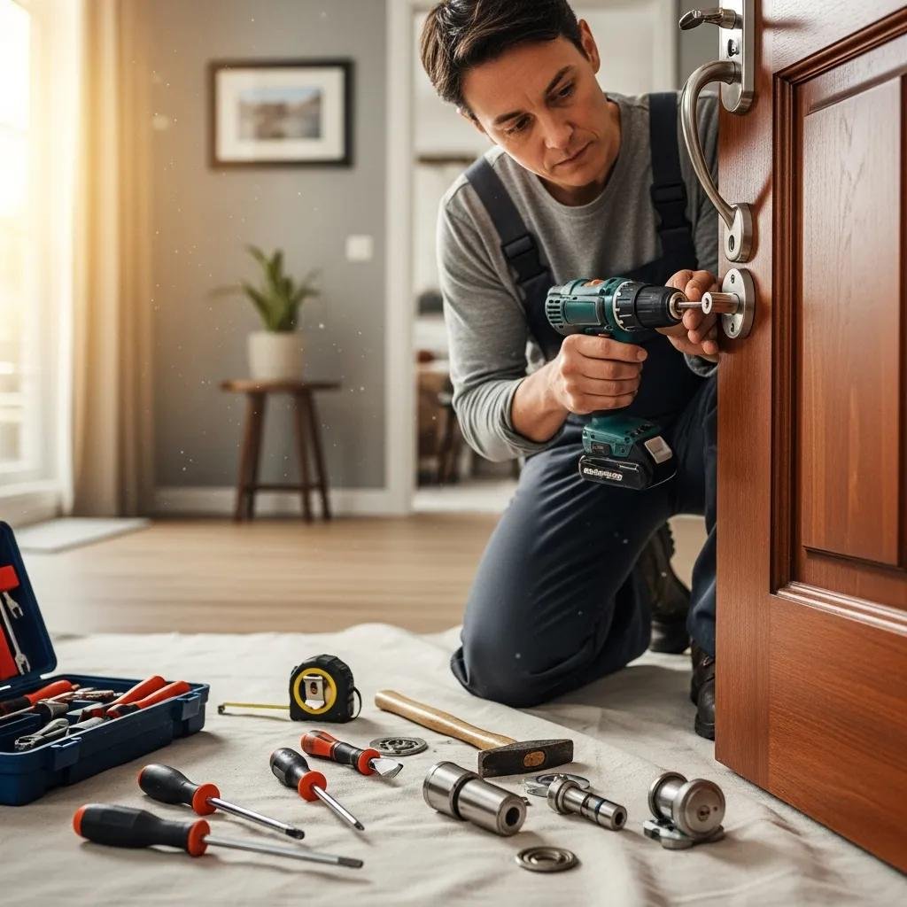 Professional locksmith installing a deadbolt lock on a wooden door, highlighting home security