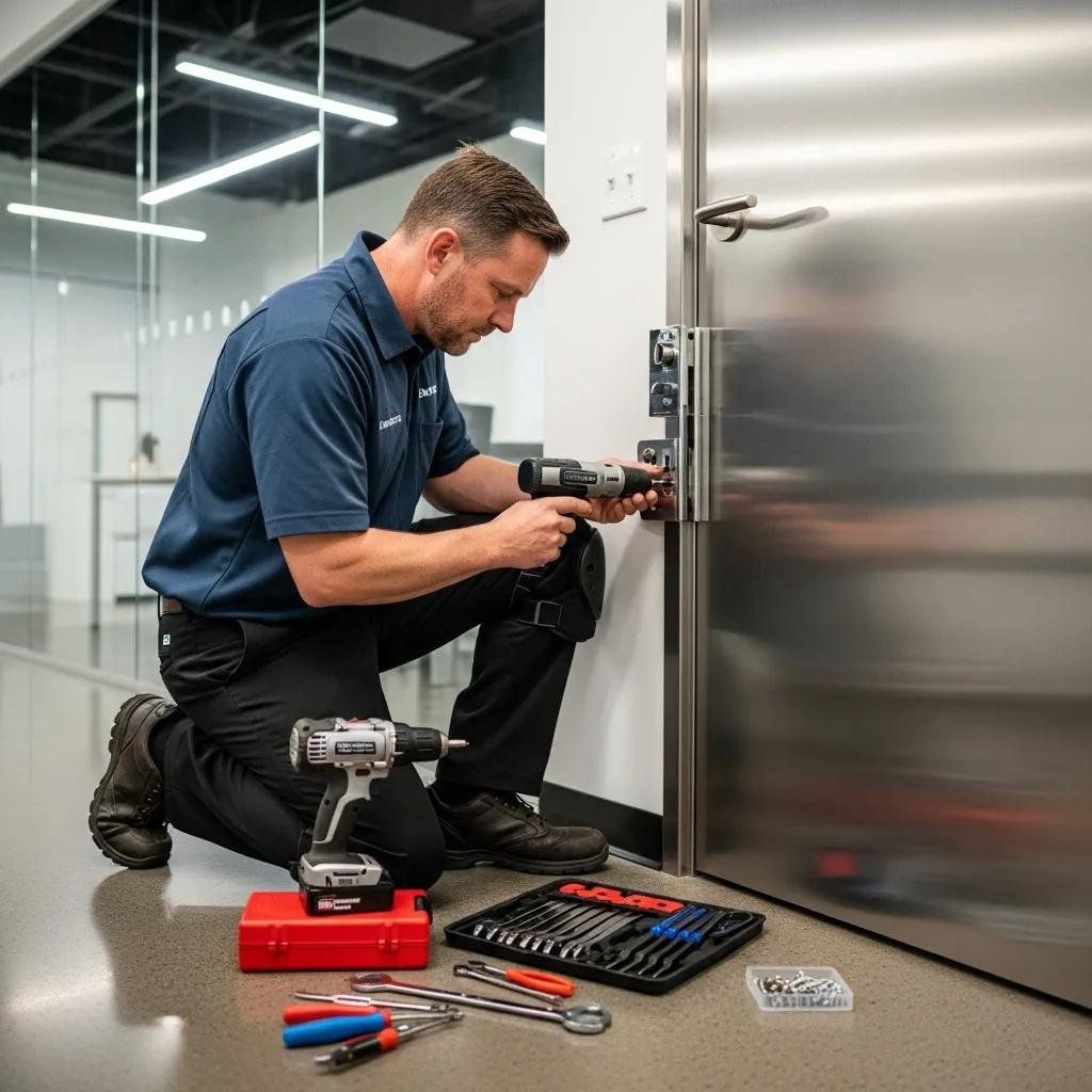 Professional locksmith installing a high-security lock in a commercial office