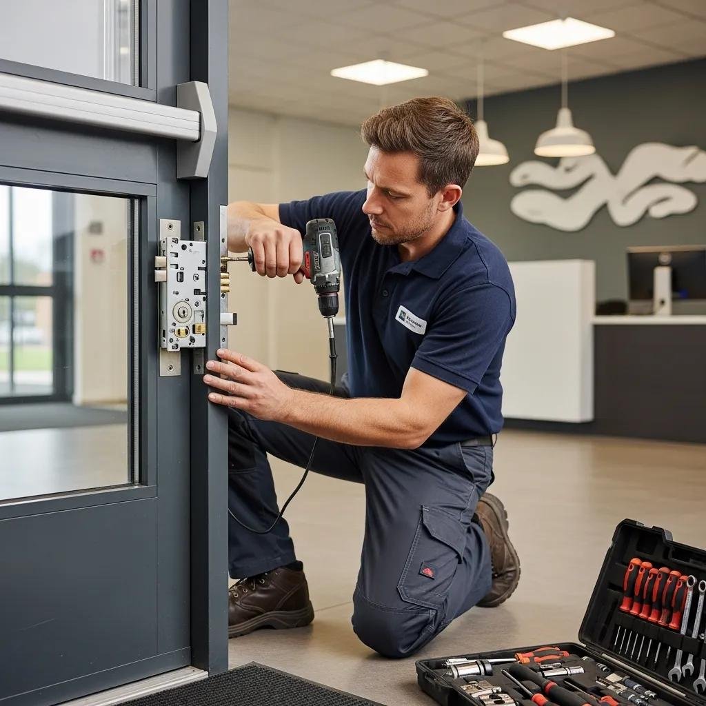 Professional locksmith installing a high-security lock on a commercial door