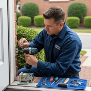 Professional locksmith installing a high-security lock on a residential door in Charlotte, NC