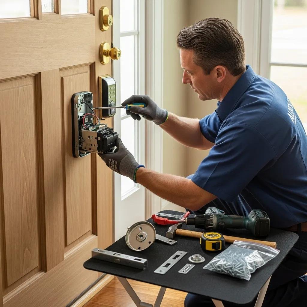 Professional locksmith installing a keypad door lock, showcasing the installation process