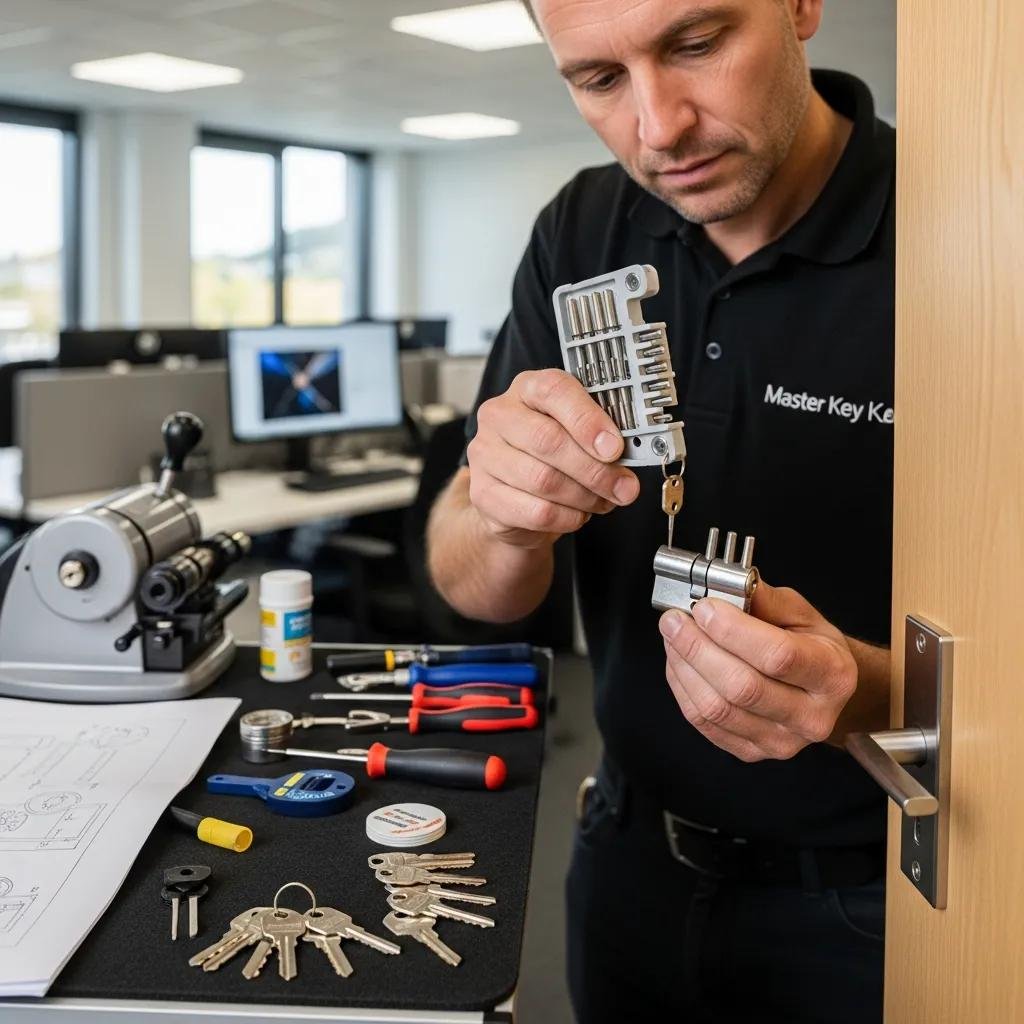 Professional locksmith installing a master key system in an office, demonstrating the installation process