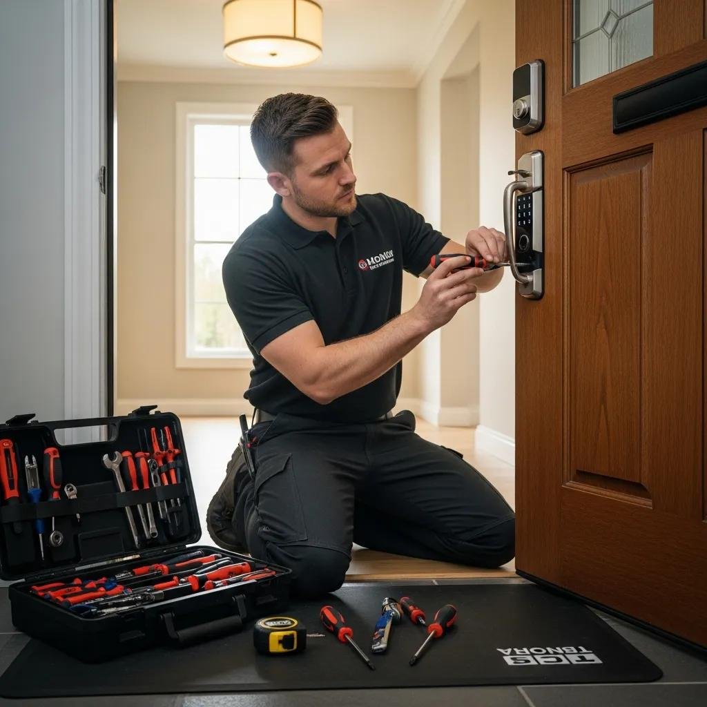 Professional locksmith installing a smart lock, emphasizing the importance of expert installation for security