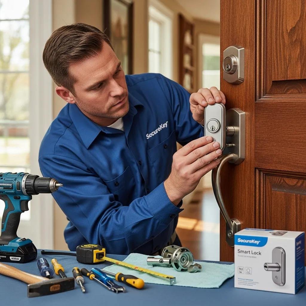 Professional locksmith installing a smart lock, illustrating the installation process for rental properties