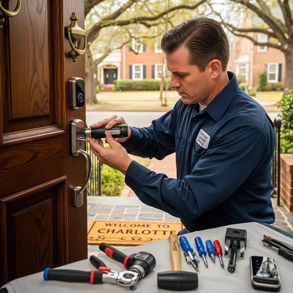 Professional locksmith installing a smart lock on a door, highlighting the importance of expert installation
