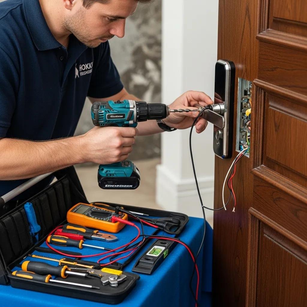 Professional locksmith installing a smart lock on a door with tools and equipment