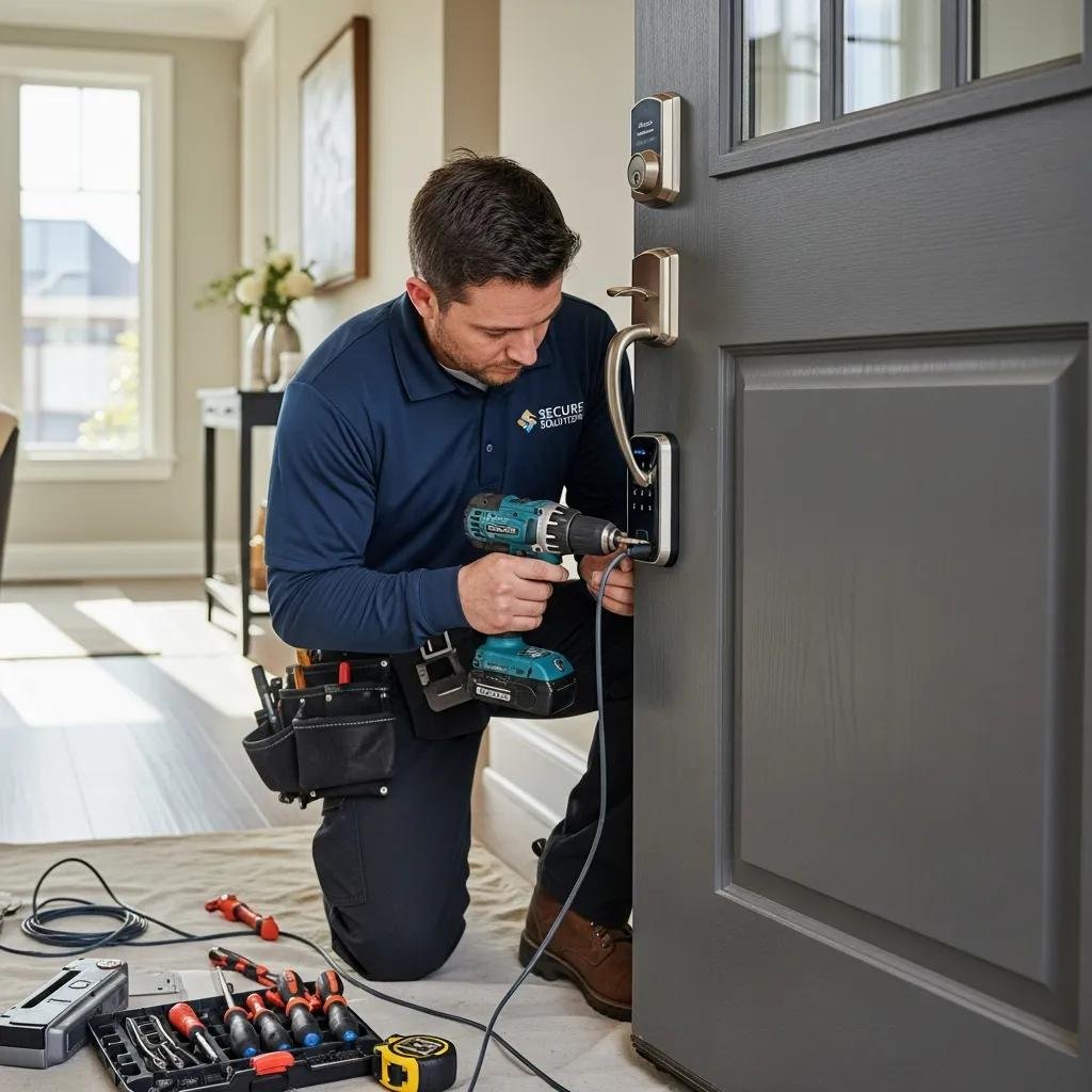 Professional locksmith installing a smart lock on a residential door