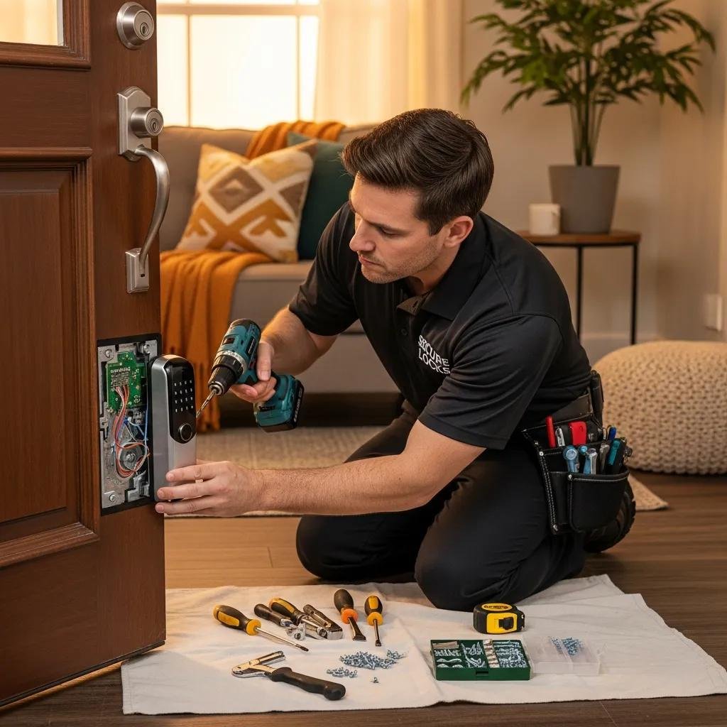 Professional locksmith installing a smart lock on a residential door, enhancing home security
