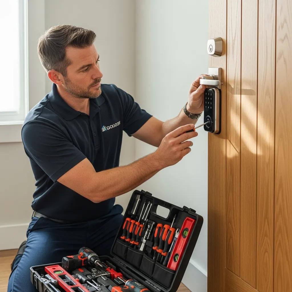 Professional locksmith installing a smart lock, showcasing proper alignment and technique