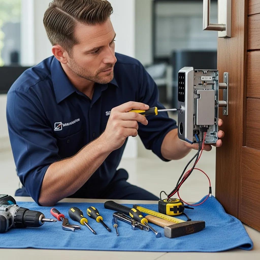 Professional locksmith installing a smart lock, showcasing the installation process and expertise