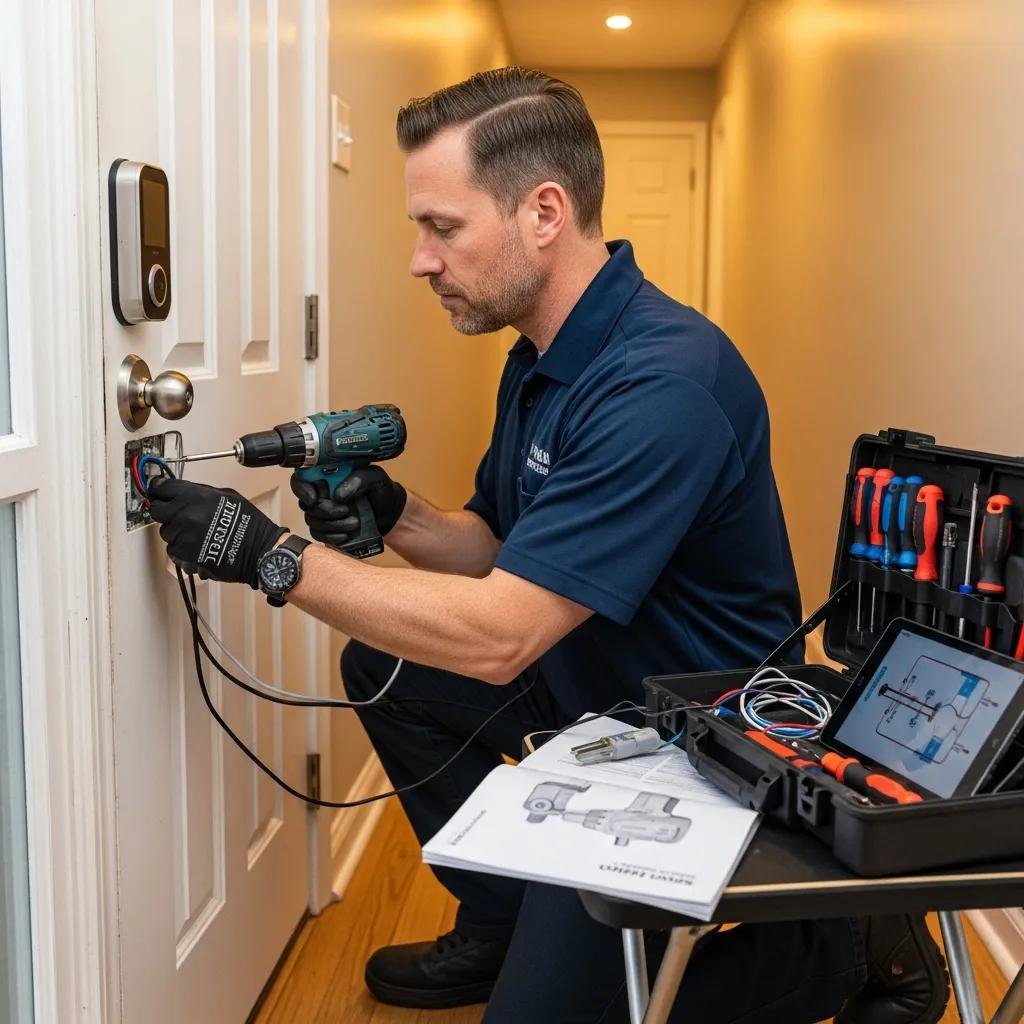 Professional locksmith installing a voice-activated smart lock on a residential door
