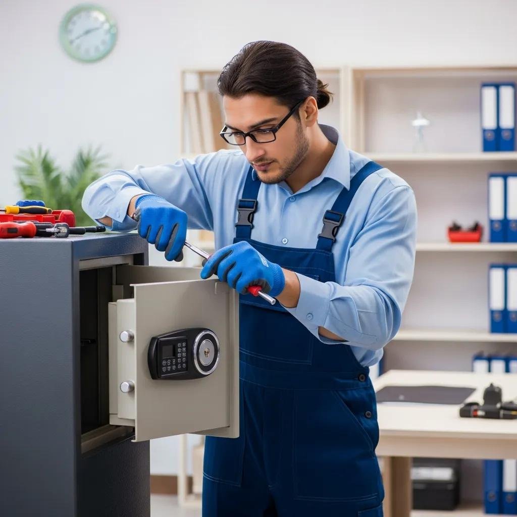 Professional locksmith opening a high-security safe, showcasing expertise in safe lockout services