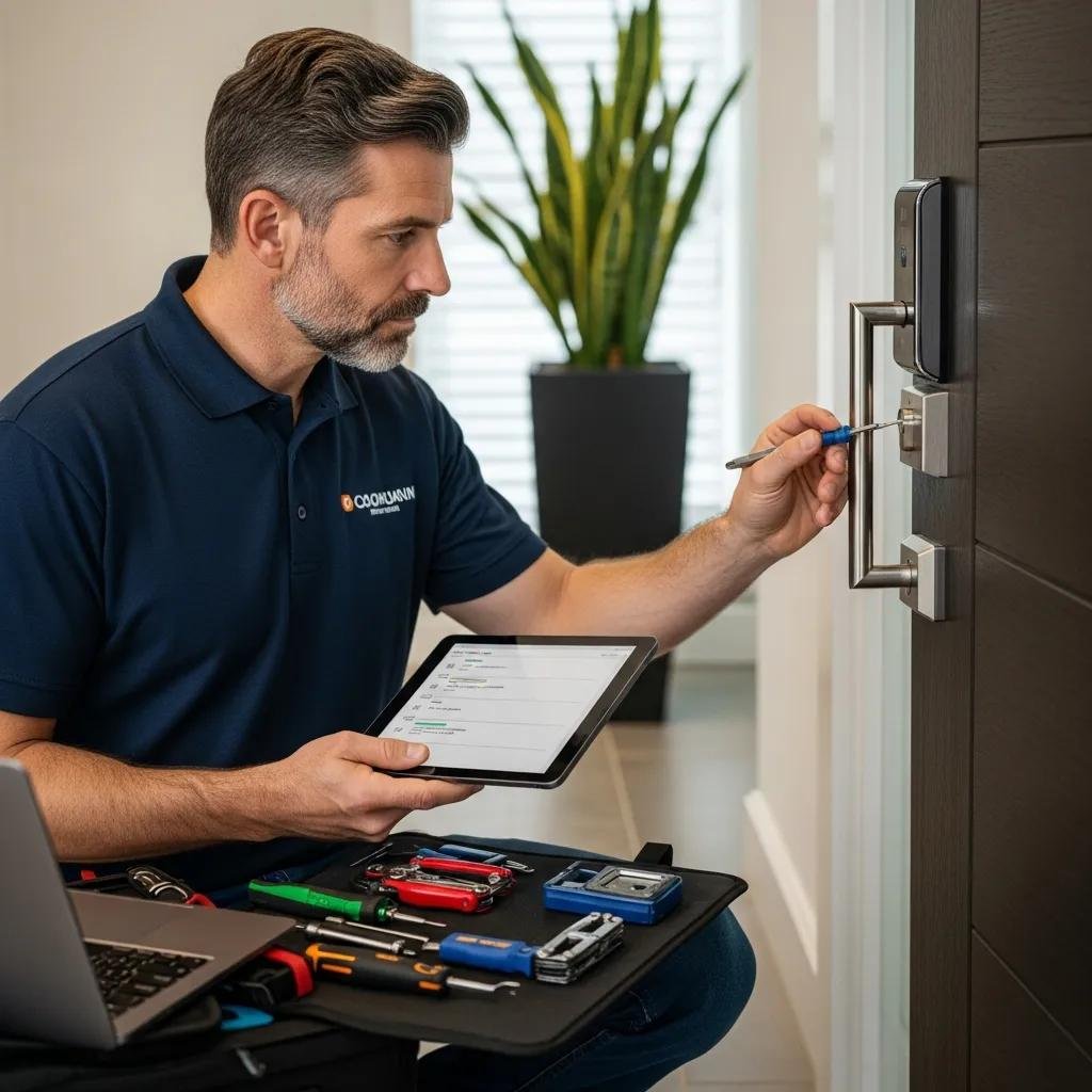 Professional locksmith performing a security audit on a smart lock