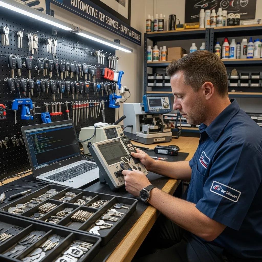 Professional locksmith programming a transponder key in a workshop setting