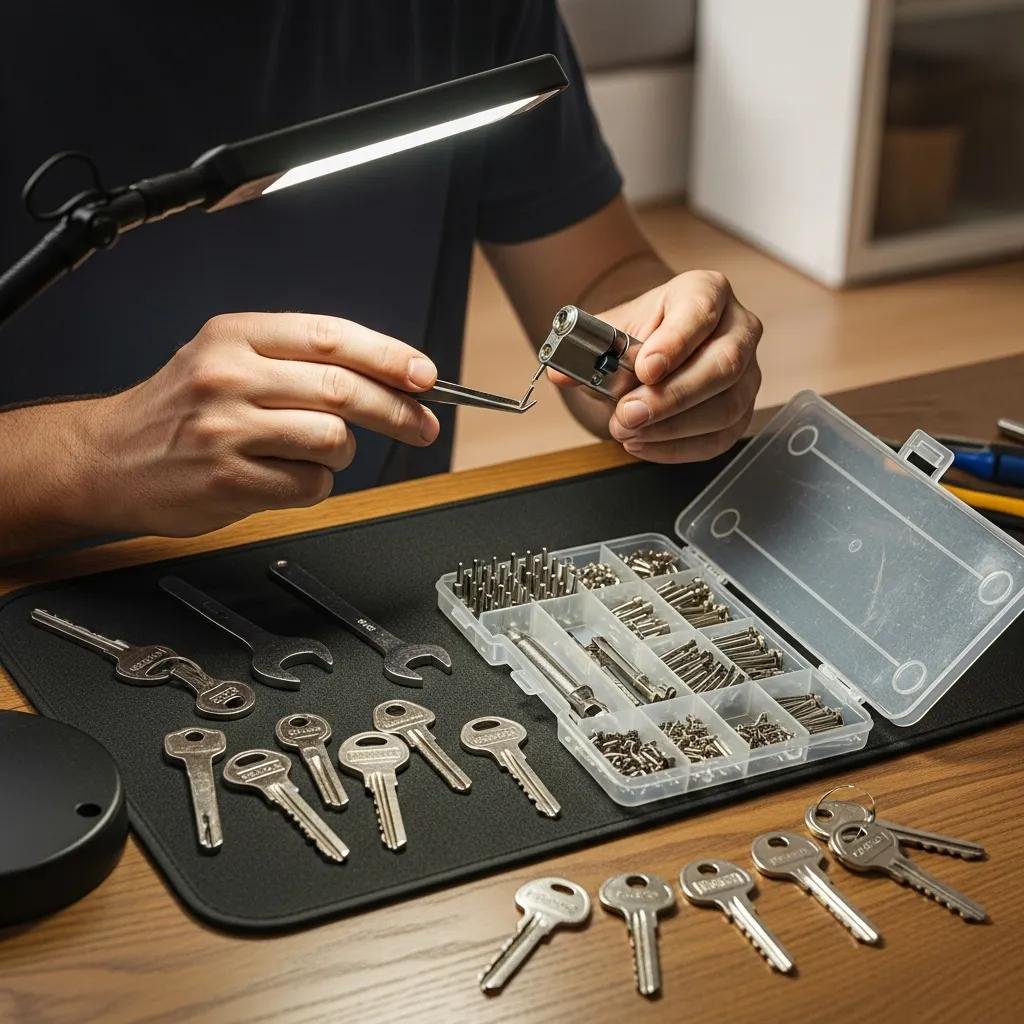 Professional locksmith rekeying a lock, emphasizing security and expertise in residential settings
