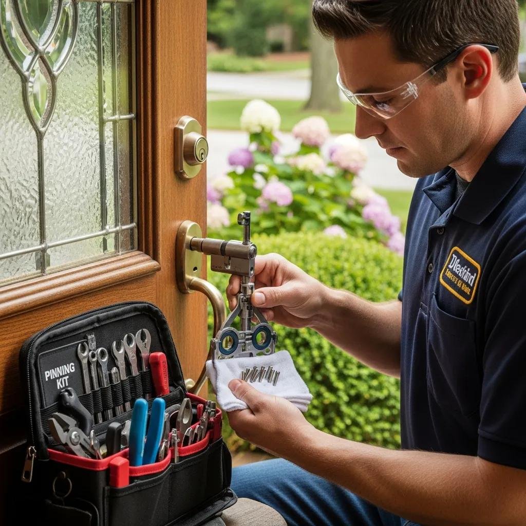 Professional locksmith rekeying a lock in a Lake Norman home, highlighting security and expertise