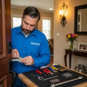 Professional locksmith rekeying a residential lock, emphasizing security and trust