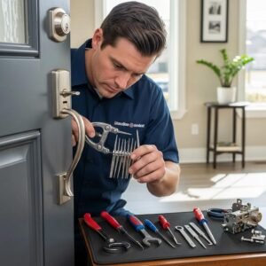 Professional locksmith repairing a residential door lock, emphasizing security and expertise
