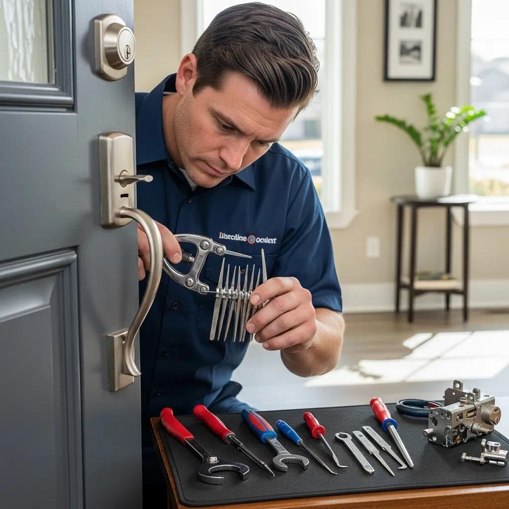 Professional locksmith repairing a residential door lock, emphasizing security and expertise