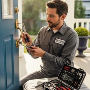 Professional locksmith repairing a residential door lock, emphasizing security and expertise