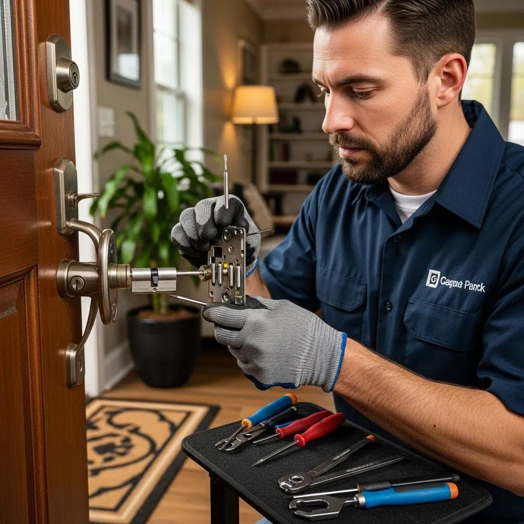 Professional locksmith repairing a residential door lock in a cozy entryway